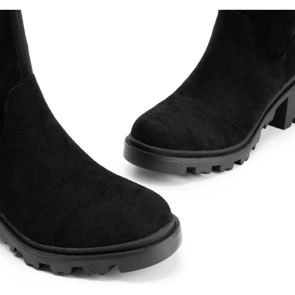 Women's Black-suede Faux Leather Knee High Over The Knee High Chunky Heel Boots